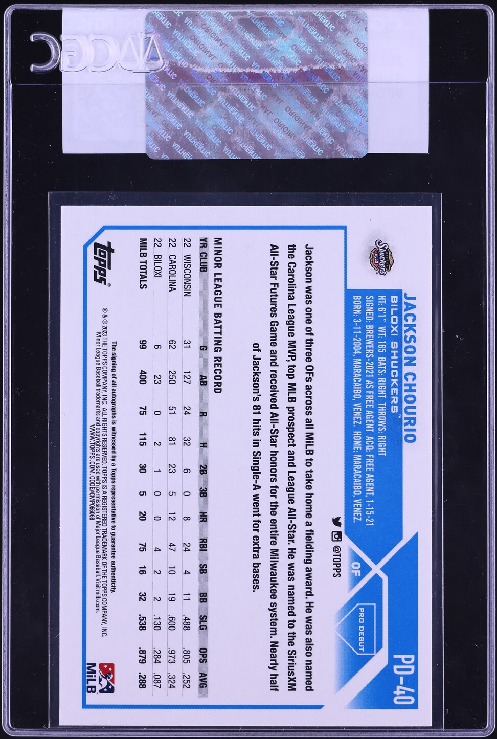 2023 Topps Pro Debut Jackson Chourio PROSPECT AUTO #PD-40 CGC AUTH