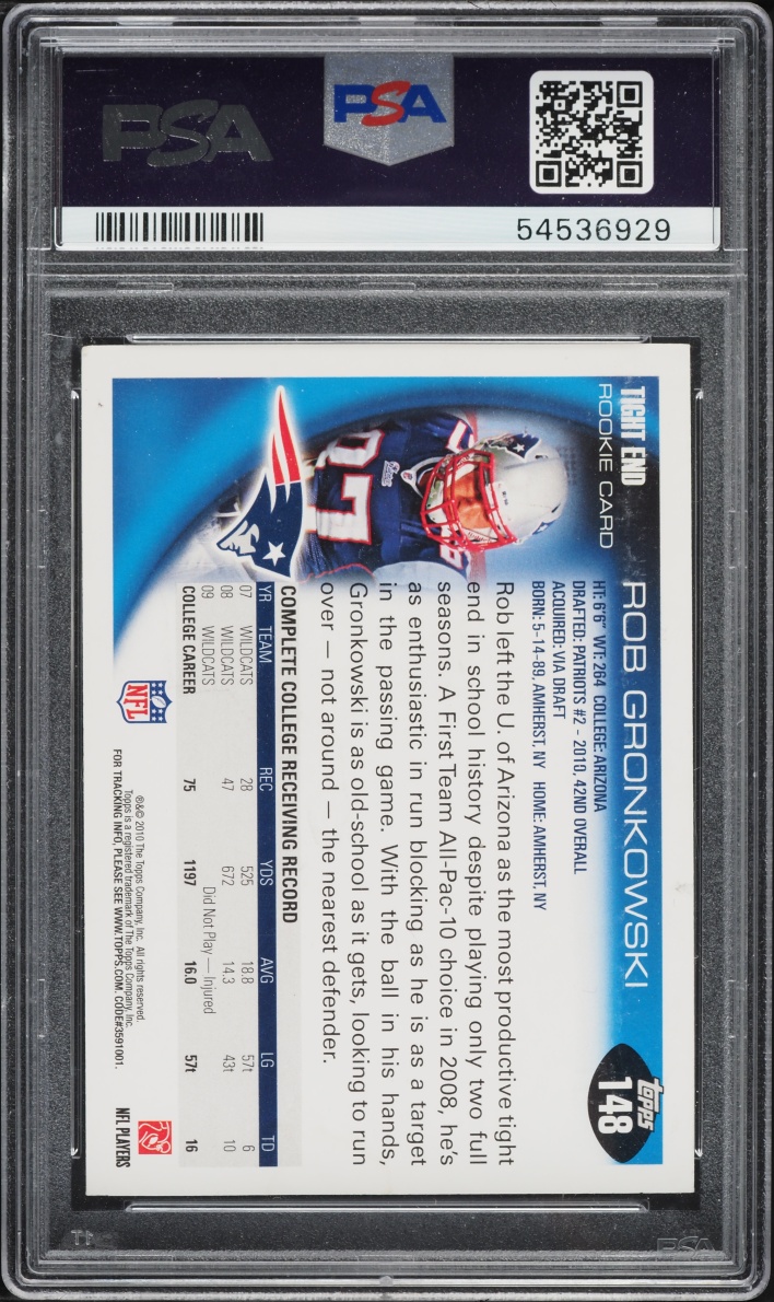 2010 Topps Cutting To His Right Rob Gronkowski ROOKIE #148 PSA 5 EX