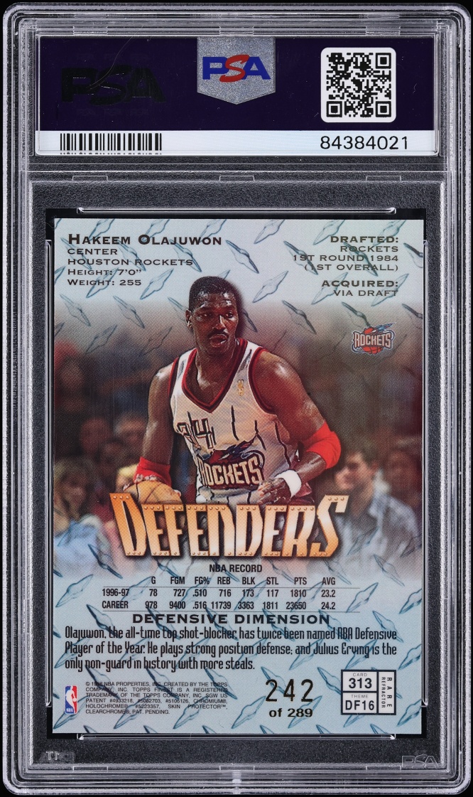 1997 Finest Gold Refractor Hakeem Olajuwon /289 #313 PSA 10 GEM MINT - Photo 2