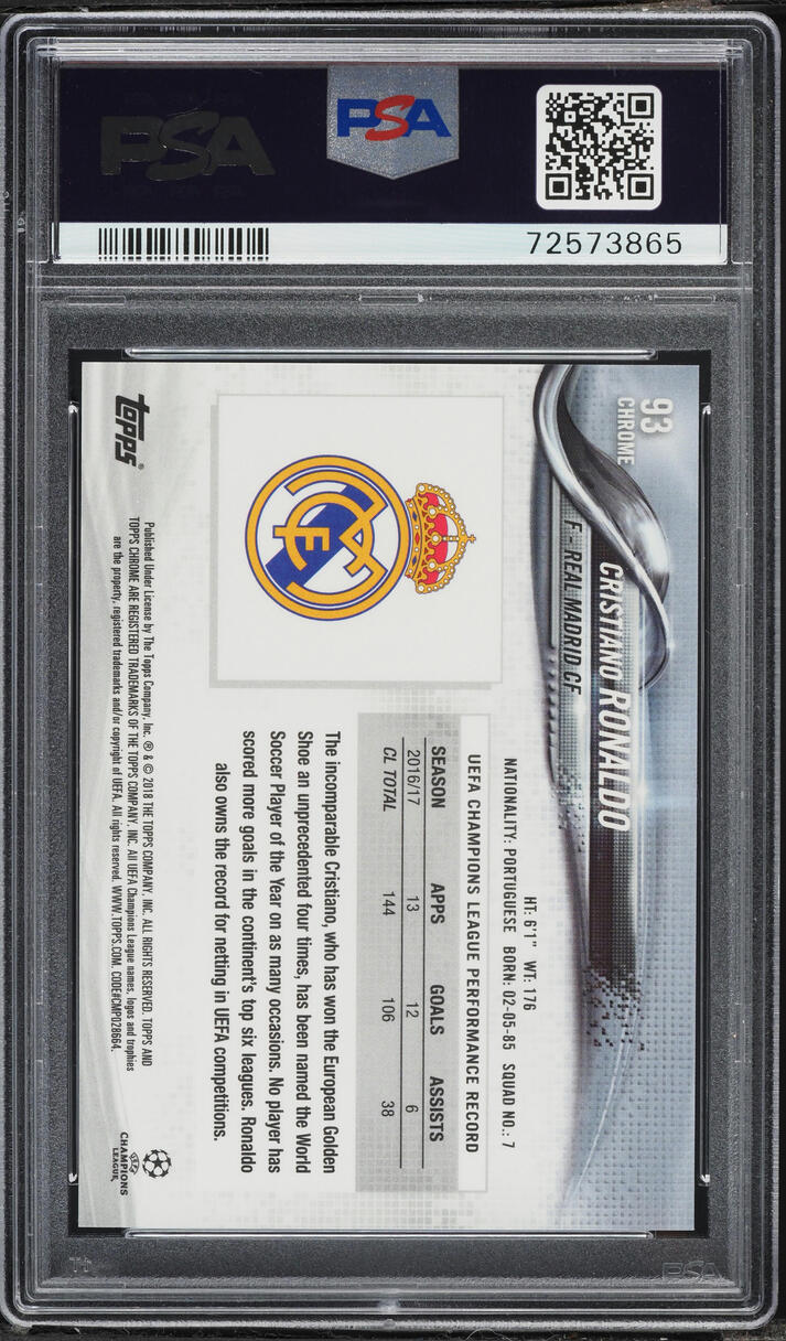 2017 Topps Chrome UEFA Thumb Up Variation Refractor Cristiano Ronaldo #93 PSA 9 MINT