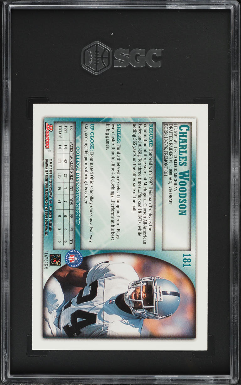 1998 Bowman Football Charles Woodson ROOKIE #181 SGC 10 GEM MINT