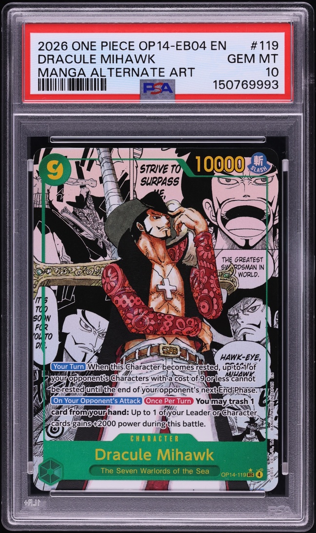 2026 One Piece The Azure Sea's Seven SEC Manga Art Dracule Mihawk #OP14-119 PSA 10 GEM MINT