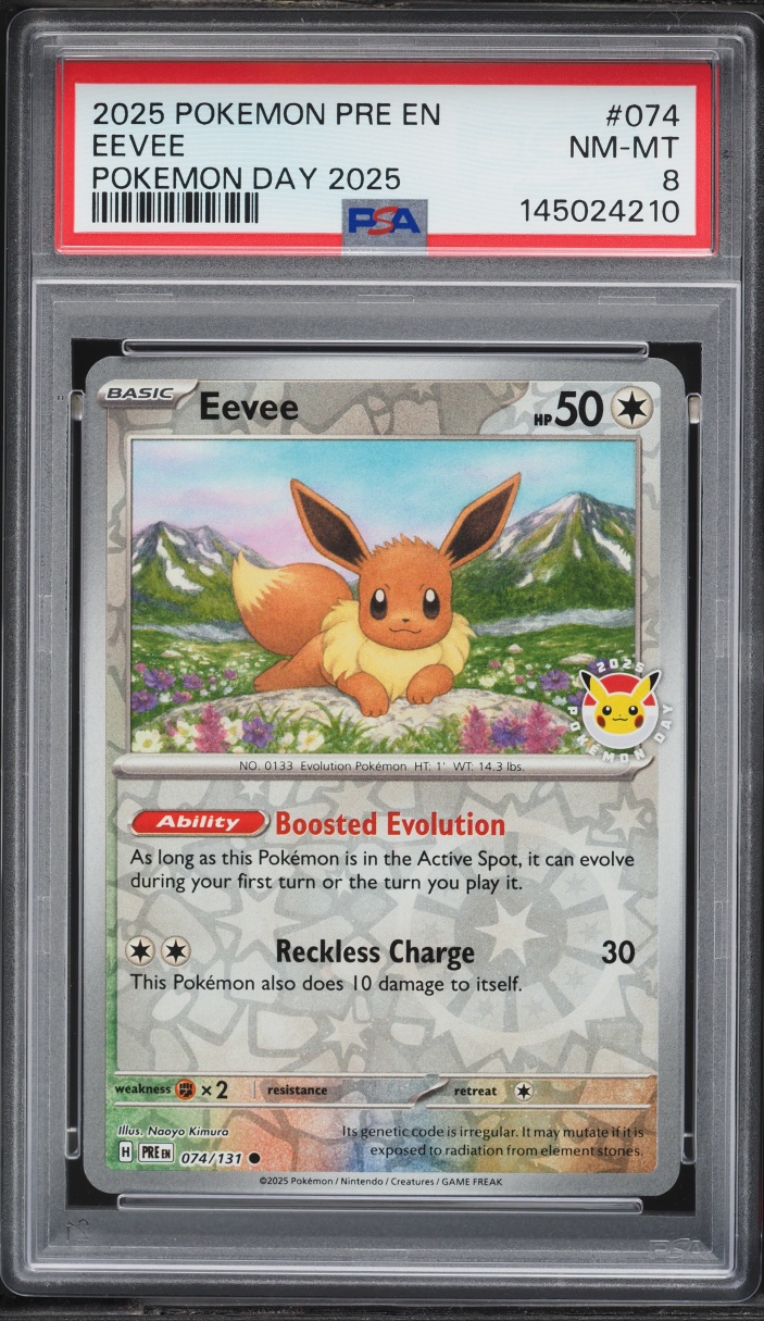 2025 Pokemon SV Prismatic Evolutions Day '25 Reverse Holo Eevee #74 PSA 8 NM-MT