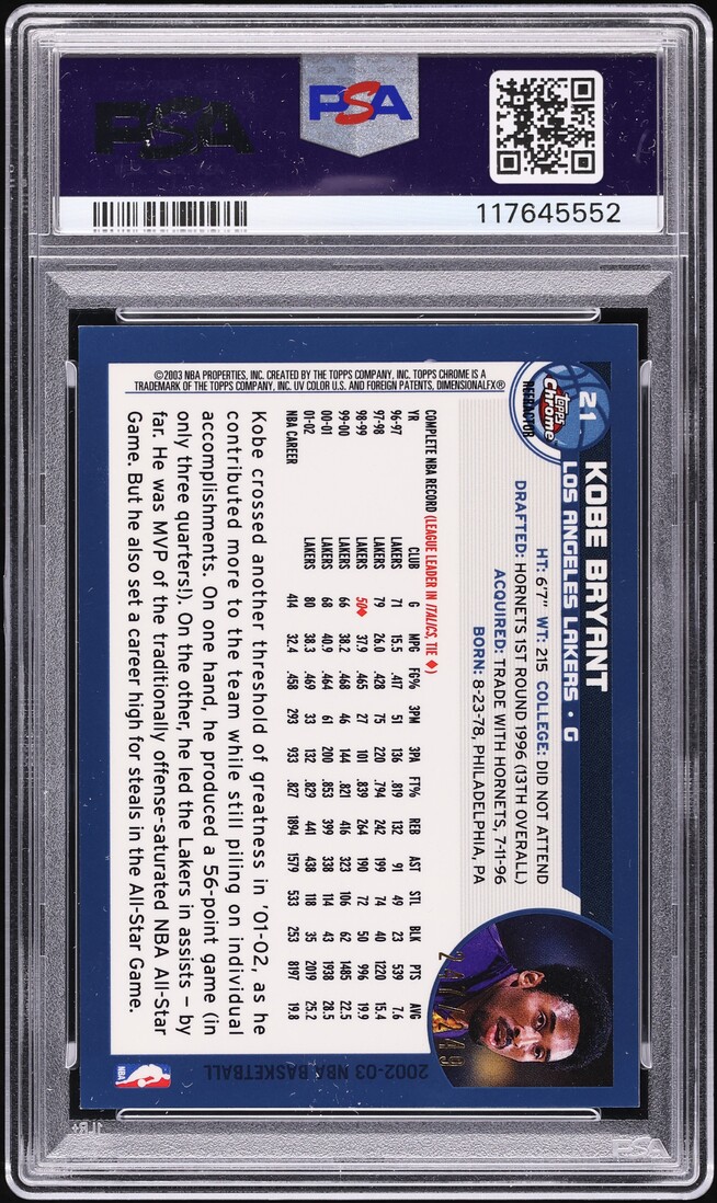 2002 Topps Chrome White Refractor Kobe Bryant /249 #21 PSA 8 NM-MT