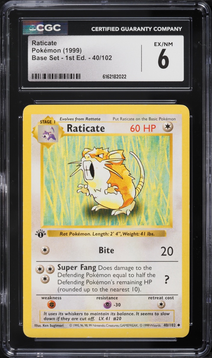 1999 Pokemon Base Set Shadowless 1st Edition Raticate #40 CGC 6 EXMT