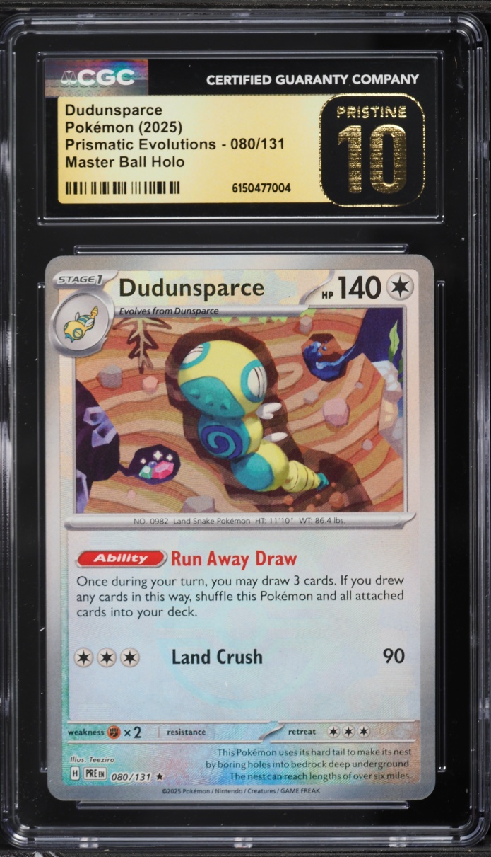 2025 Pokemon SV Prismatic Evolutions Master Ball Holo Dudunsparce #80 CGC 10 PRISTINE