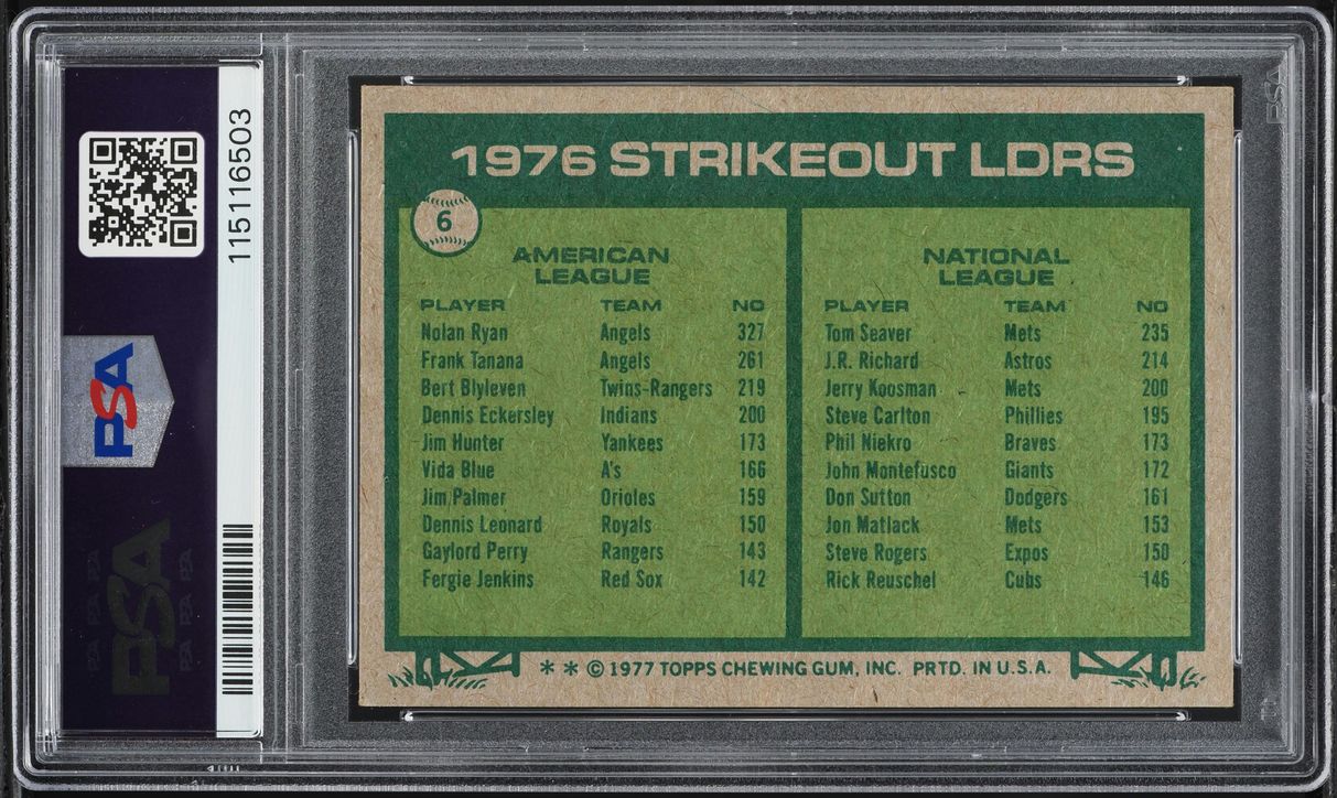1977 Topps Nolan Ryan Tom Seaver STRIKEOUT LEADERS #6 PSA 3 VG