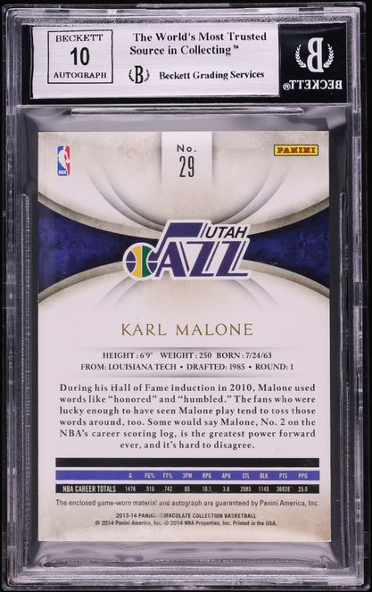 2013 Immaculate Collection Inscribed Karl Malone NBA LOGOMAN PATCH AUTO 1/1 #29 BGS 9 MINT