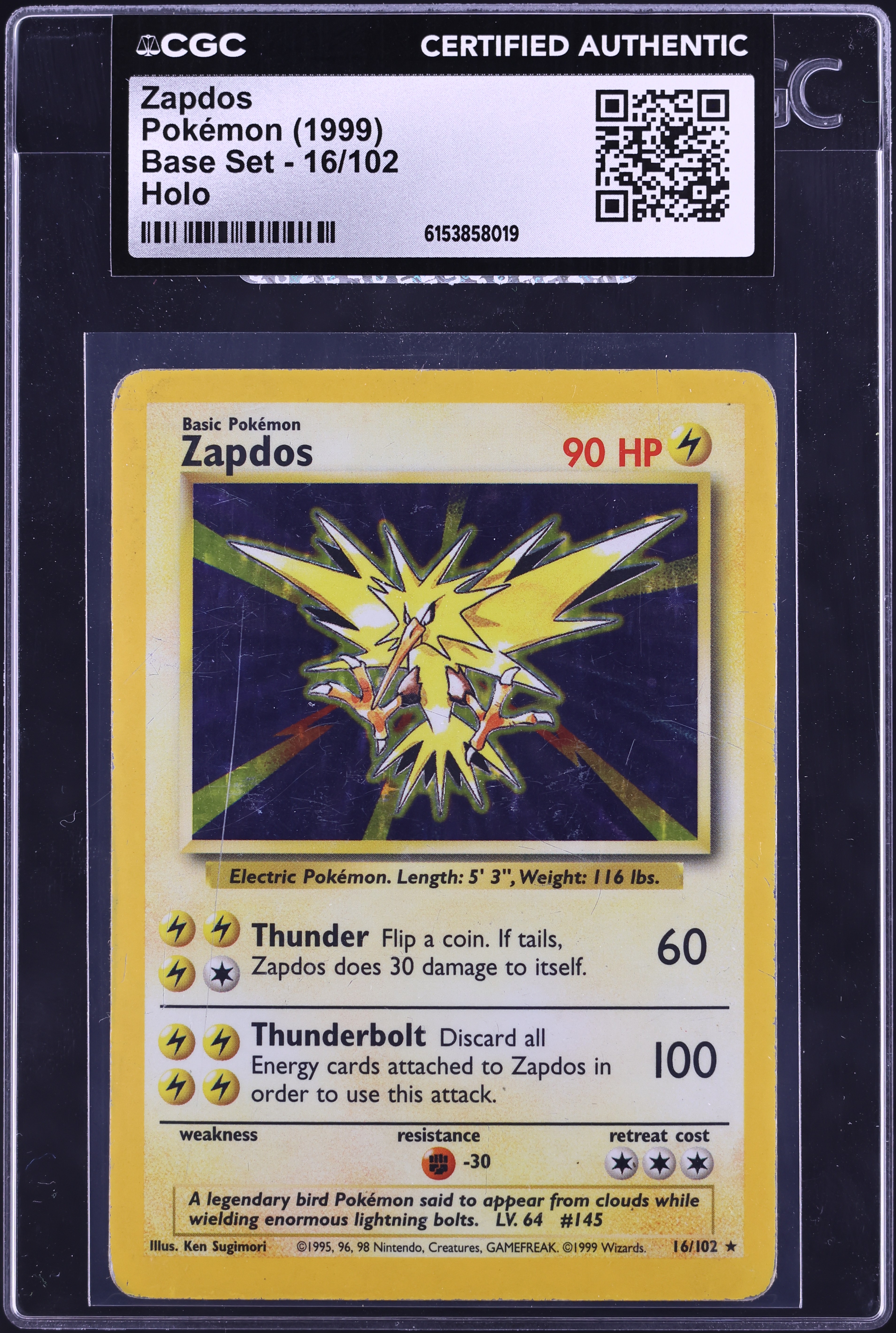 1999 Pokemon Base Set Holo Zapdos #16 CGC AUTH