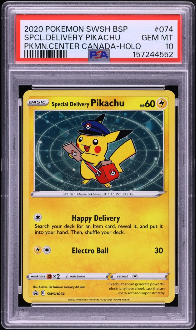 2020 Pokemon Sword & Shield Promo Center Canada Holo Special Delivery Pikachu #74 PSA 10 GEM