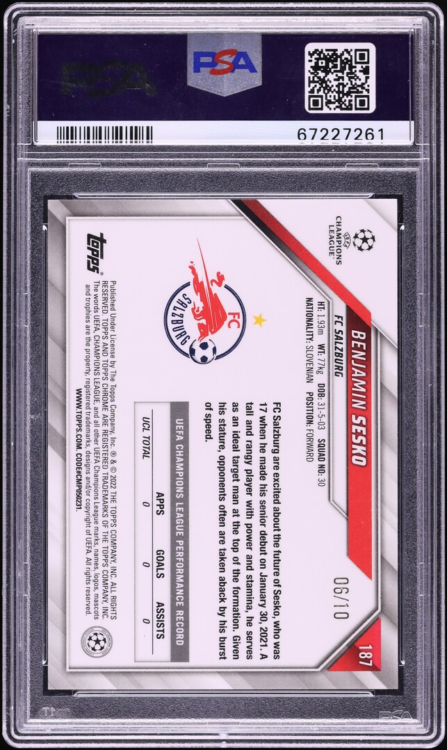 2021 Topps Chrome UCL Red Refractor Benjamin Sesko ROOKIE /10 #187 PSA 10 GEM