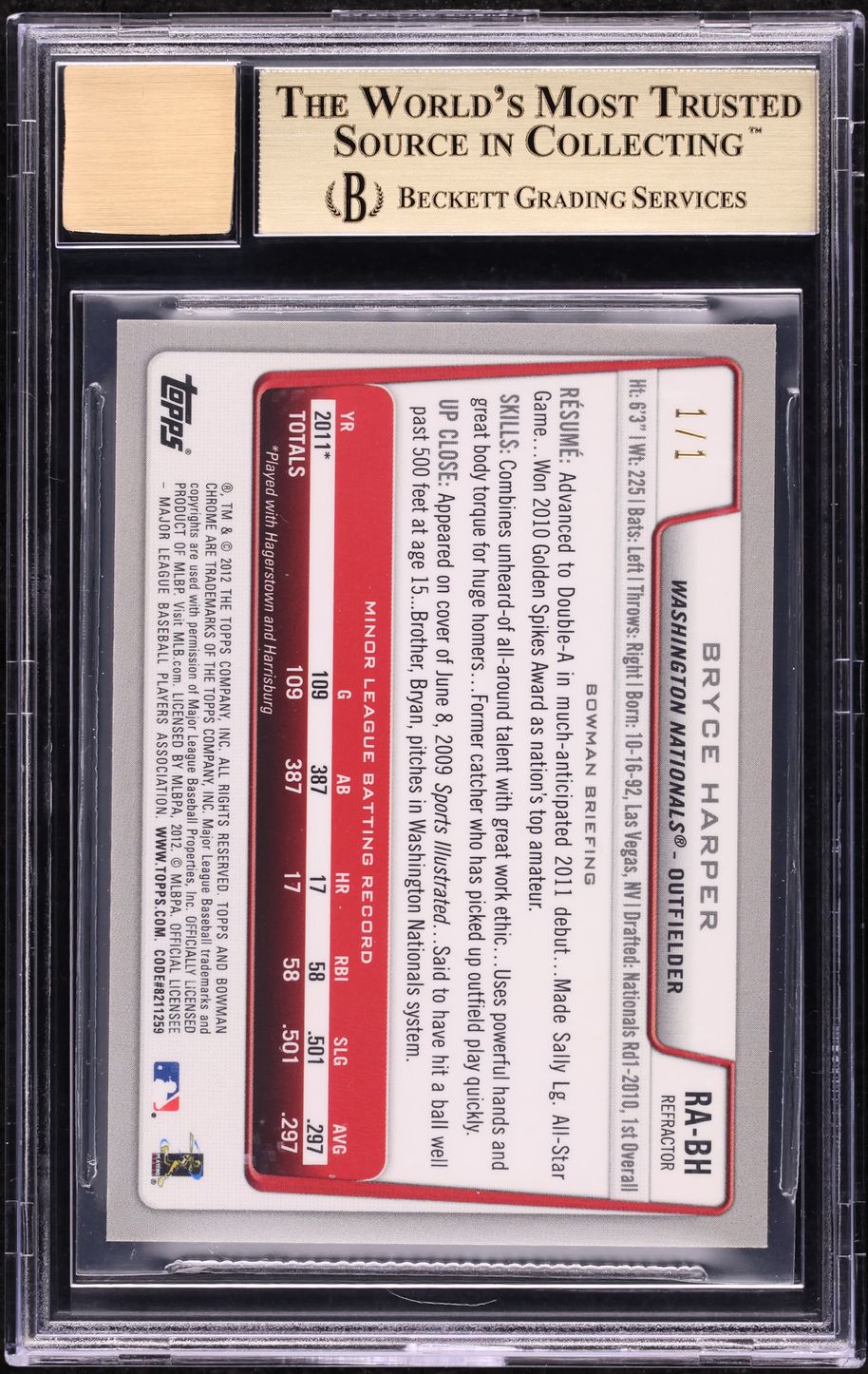 2012 Bowman Chrome Draft Superfractor Bryce Harper ROOKIE AUTO 1/1 BGS 9.5 GEM