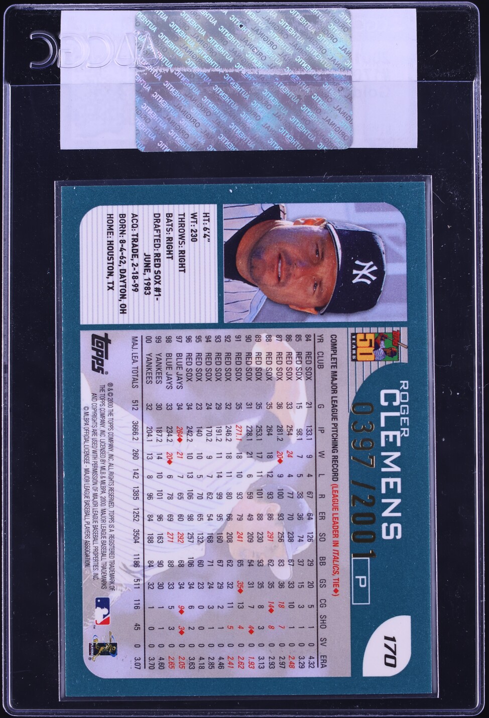 2001 Topps Gold Roger Clemens /2001 #170 CGC AUTH