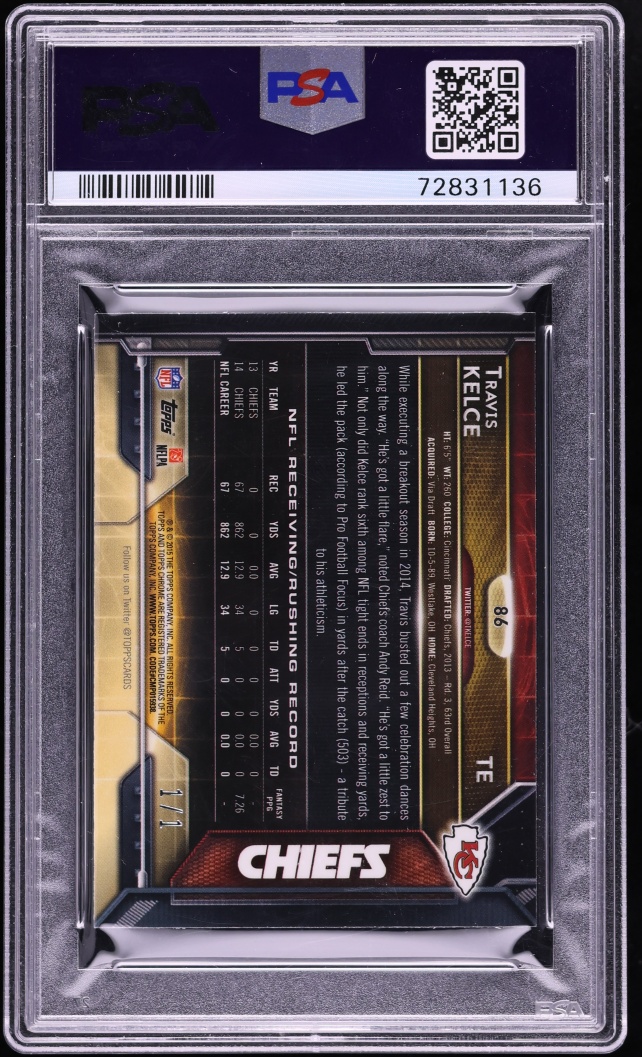 2015 Topps Chrome Mini Superfractor Travis Kelce 1/1 #86 PSA 10 GEM MINT - Photo 2