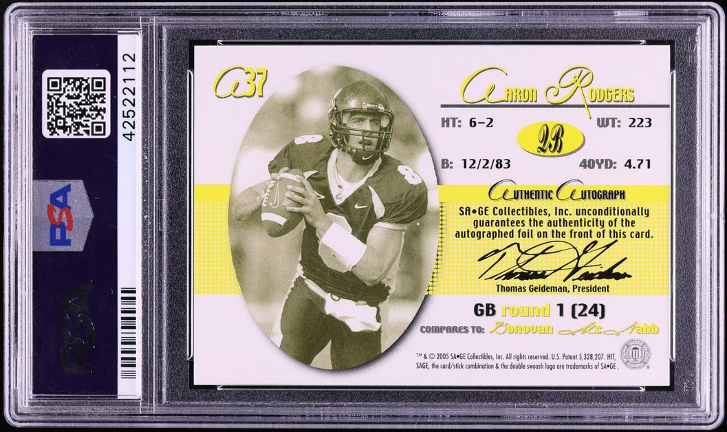 2005 SAGE Silver Aaron Rodgers ROOKIE AUTO #A37 PSA 10 GEM MINT - Photo 2