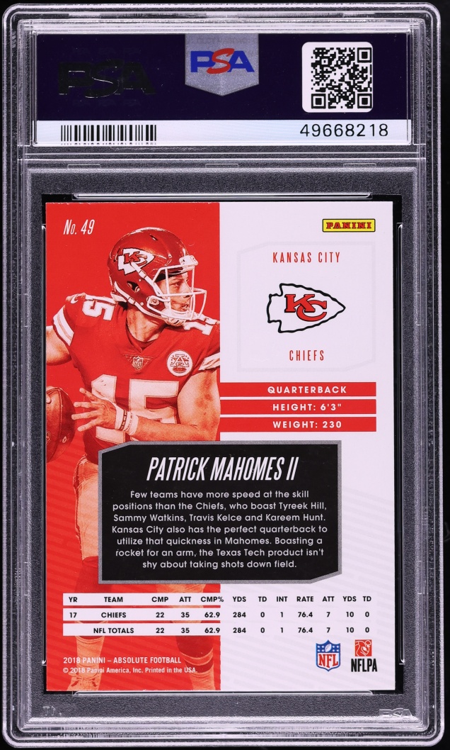 2018 Absolute Football Patrick Mahomes II #49 PSA 10 GEM MINT - Photo 2