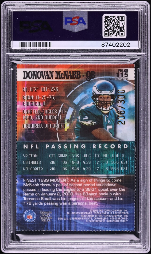 2000 Finest Gold Refractor Donovan McNabb /300 #115 PSA 8 NM-MT