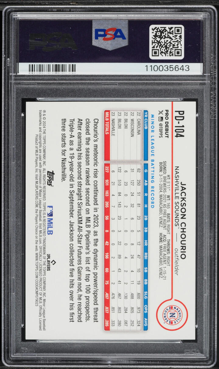 2024 Topps Pro Debut Jackson Chourio PROSPECT #PD104 PSA 9 MINT