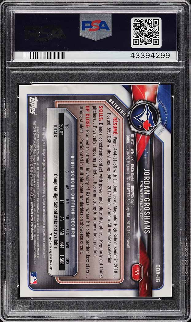 2018 Bowman Chrome Draft Jordan Groshans PROSPECT AUTO #CDA-JG PSA 10 GEM MINT