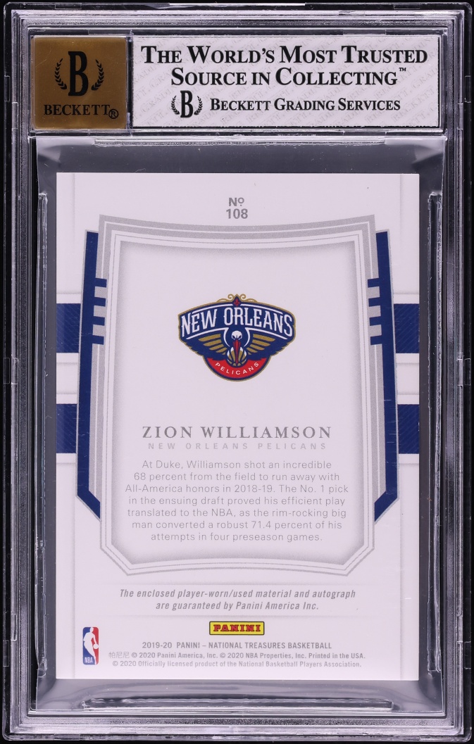 2019 National Treasures Zion Williamson ROOKIE PATCH AUTO /99 #108 BGS 8 NM-MT