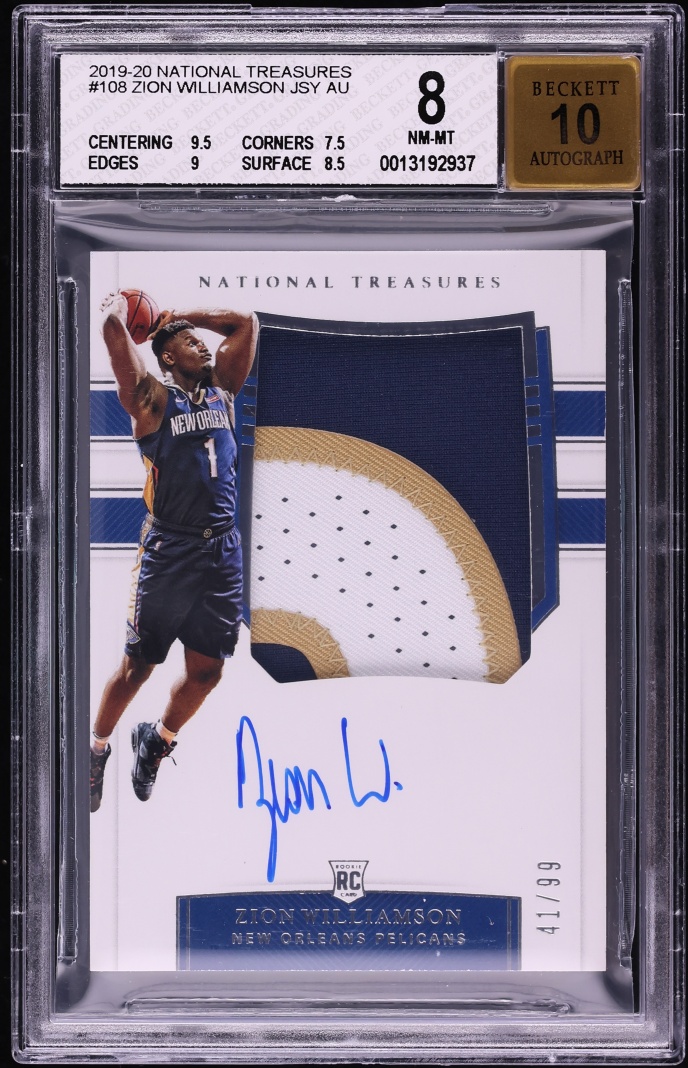 2019 National Treasures Zion Williamson ROOKIE PATCH AUTO /99 #108 BGS 8 NM-MT