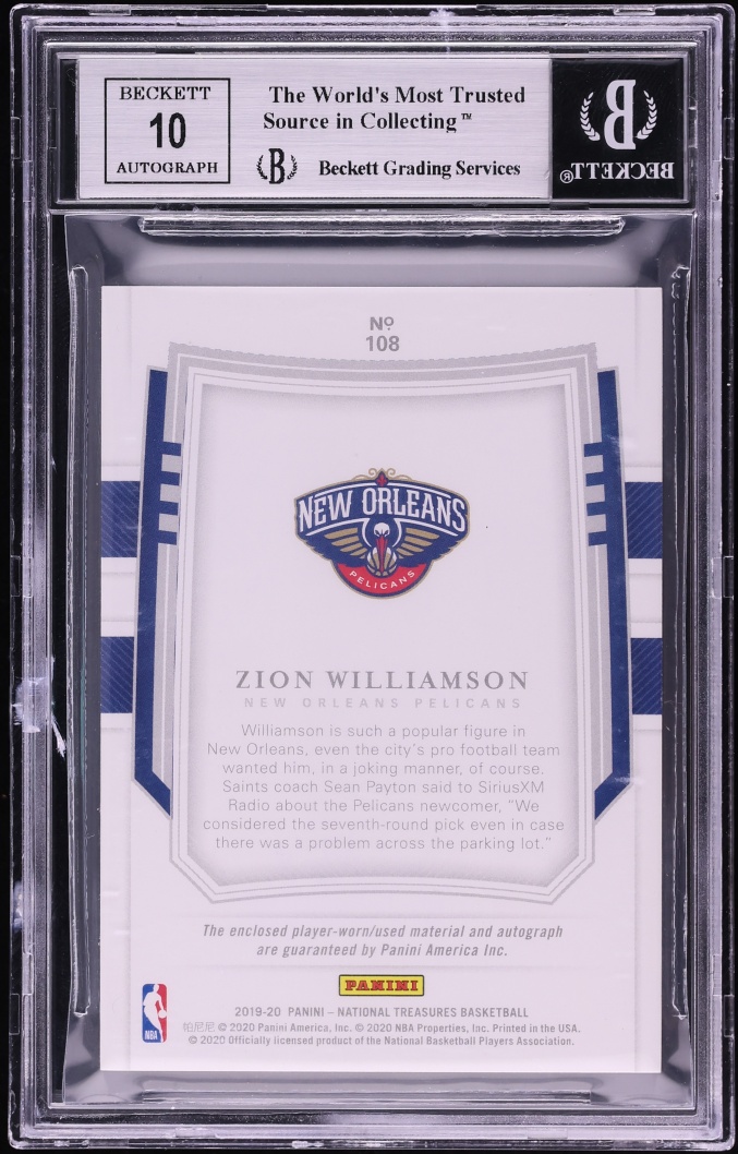 2019 National Treasures Stars Stripes Zion Williamson ROOKIE PATCH AUTO /30 #108 BGS 9 MINT