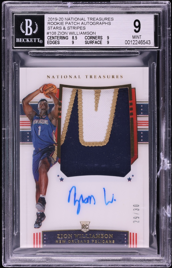 2019 National Treasures Stars Stripes Zion Williamson ROOKIE PATCH AUTO /30 #108 BGS 9 MINT