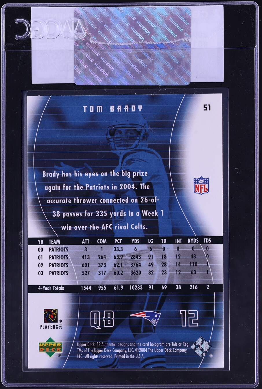 2004 SP Authentic Tom Brady #51 CGC AUTH
