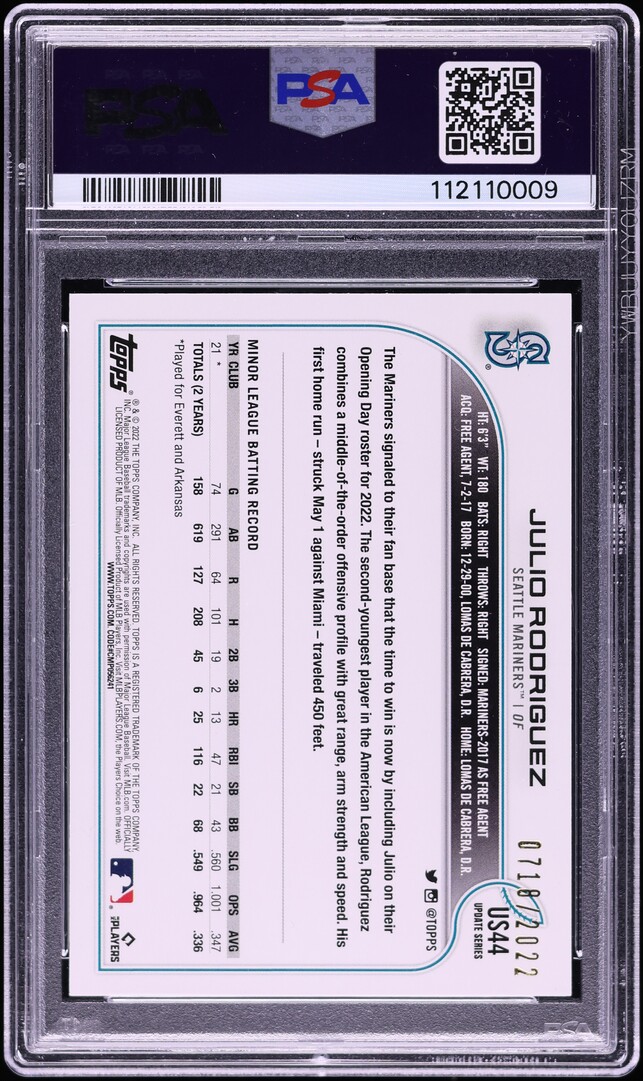 2022 Topps Update Gold Julio Rodriguez ROOKIE /2022 #US44 PSA 10 GEM MINT