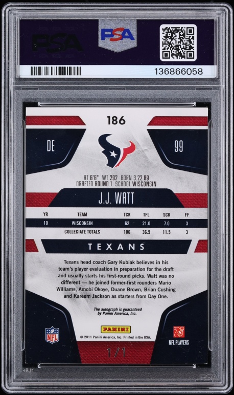 2011 Panini Certified Mirror Black JJ Watt AUTO 1/1 #186 PSA 6 EXMT - Photo 2