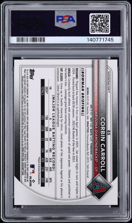 2025 Bowman Chrome Superfractor Corbin Carroll 1/1 #85 PSA 10 GEM MINT - Photo 2