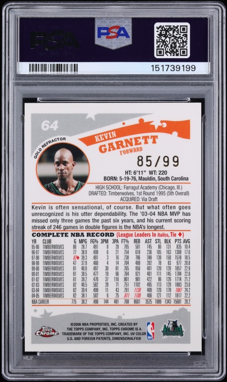 2005 Topps Chrome Gold Refractor Kevin Garnett /99 #64 PSA 10 GEM MINT - Photo 2