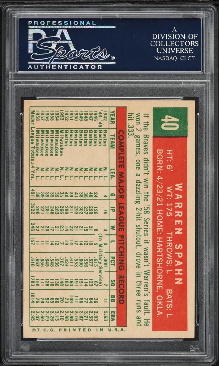 1959 Topps Warren Spahn BORN IN 1921 #40 PSA 8 NM-MT