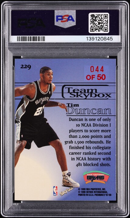 1997 Skybox Premium Star Rubies Tim Duncan ROOKIE /50 #229 PSA 7 NRMT