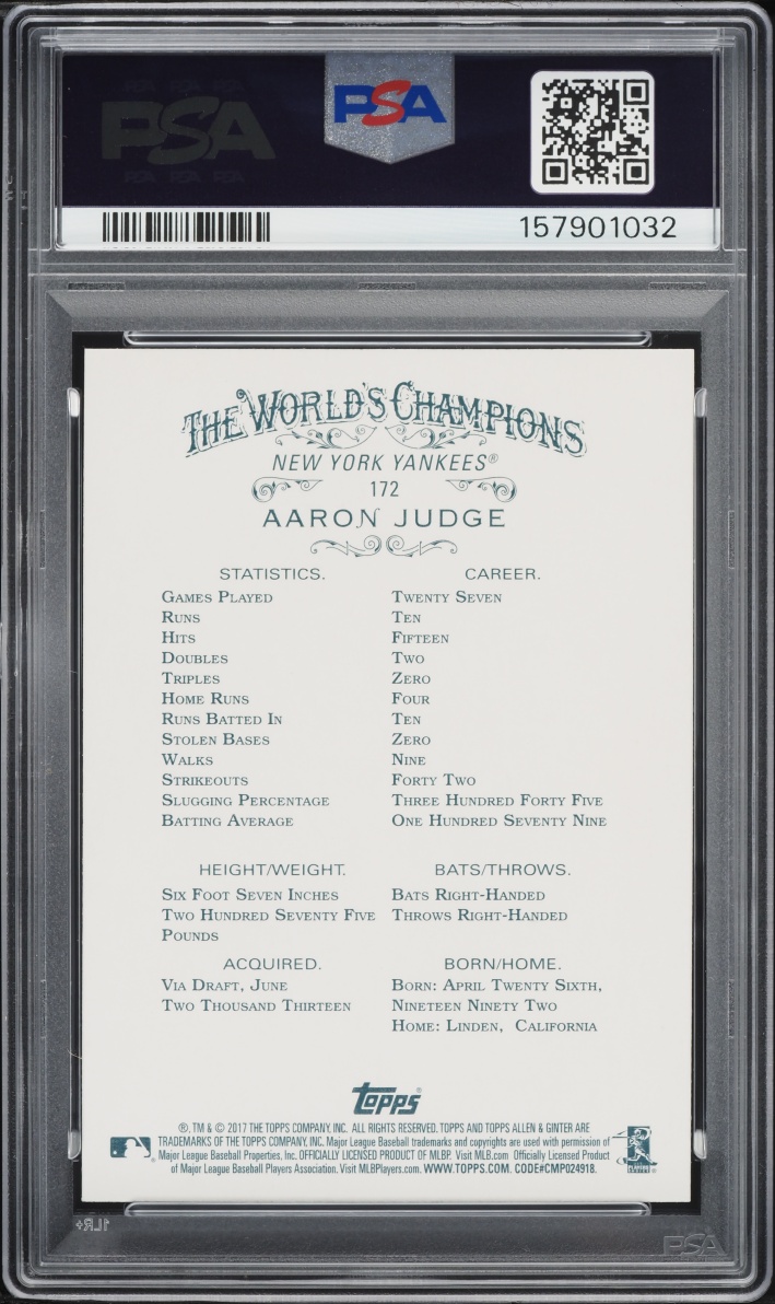 2017 Topps Allen & Ginter Aaron Judge ROOKIE #172 PSA 10 GEM MINT