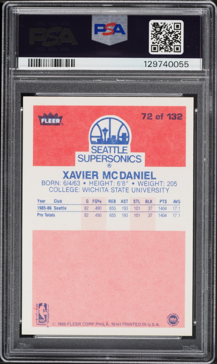 1986 Fleer Basketball Xavier McDaniel ROOKIE #72 PSA 9 MINT
