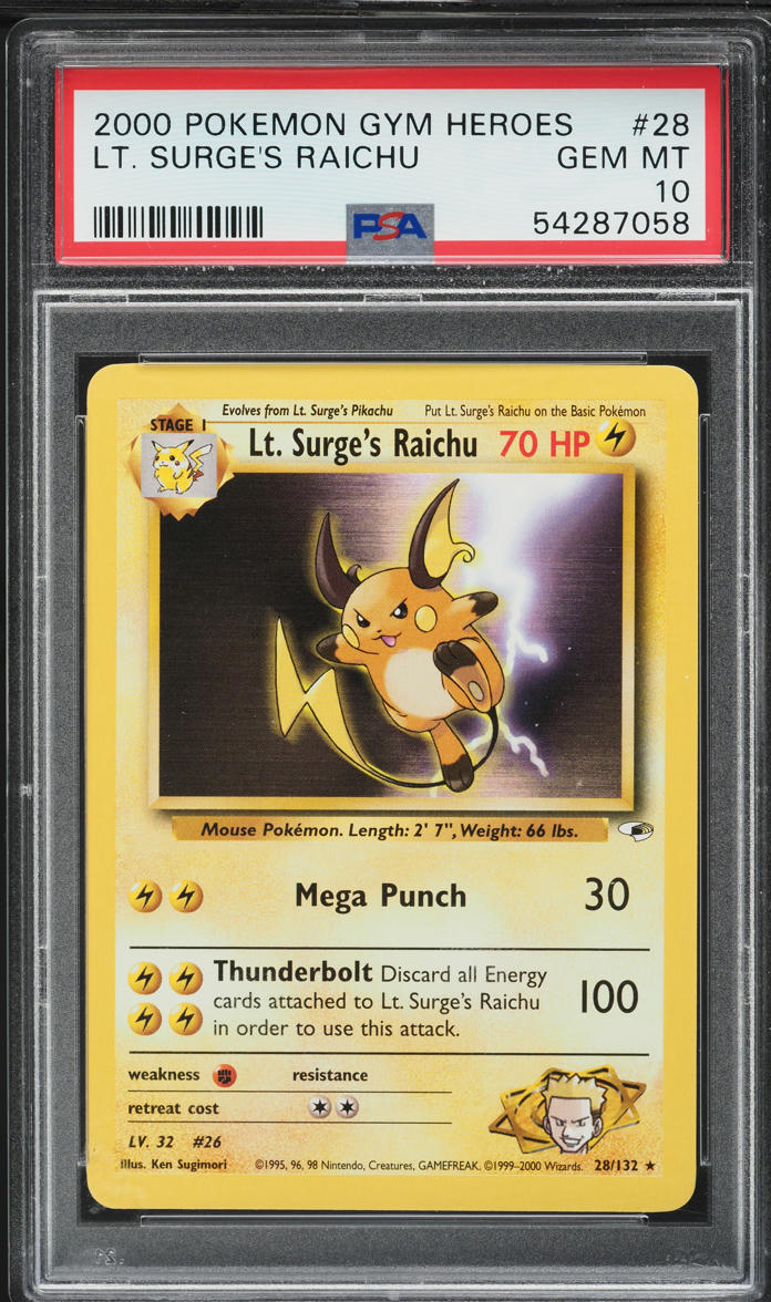 2000 Pokemon Gym Heroes Lt. Surge's Raichu #28 PSA 10 GEM MINT