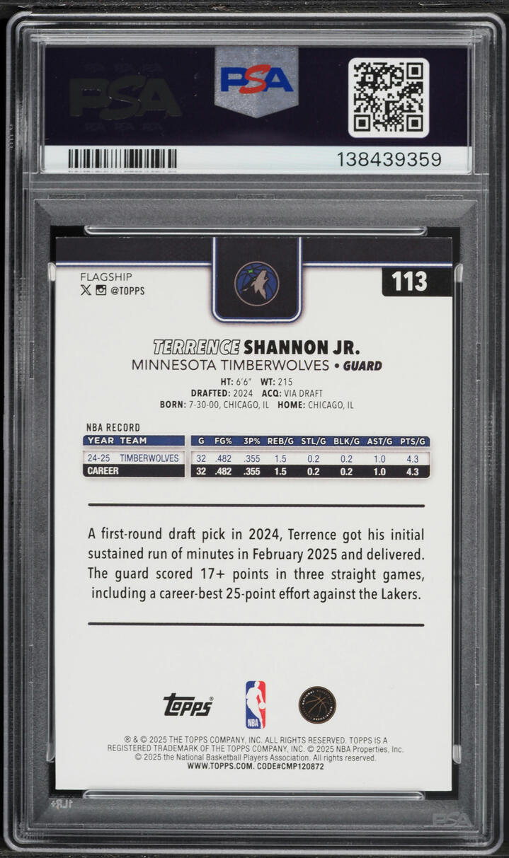 2025 Topps Sandglitter Terrence Shannon Jr. #113 PSA 8.5 NM-MT+