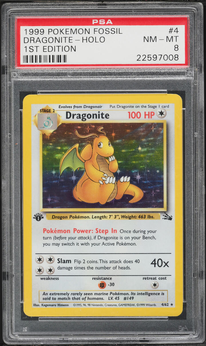 1999 Pokemon Fossil 1st Edition Holo Dragonite #4 PSA 8 NM-MT