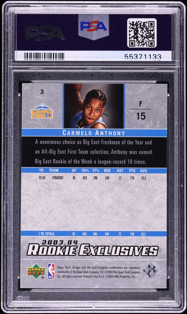 2003 Upper Deck Exclusives Carmelo Anthony ROOKIE #3 PSA 10 GEM MINT