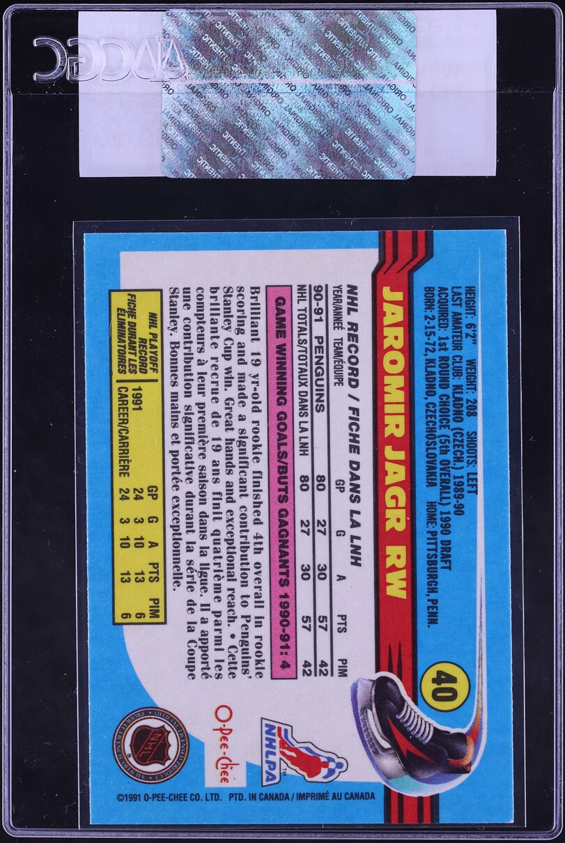 1991 O-Pee-Chee Hockey Jaromir Jagr ROOKIE #40 CGC AUTH