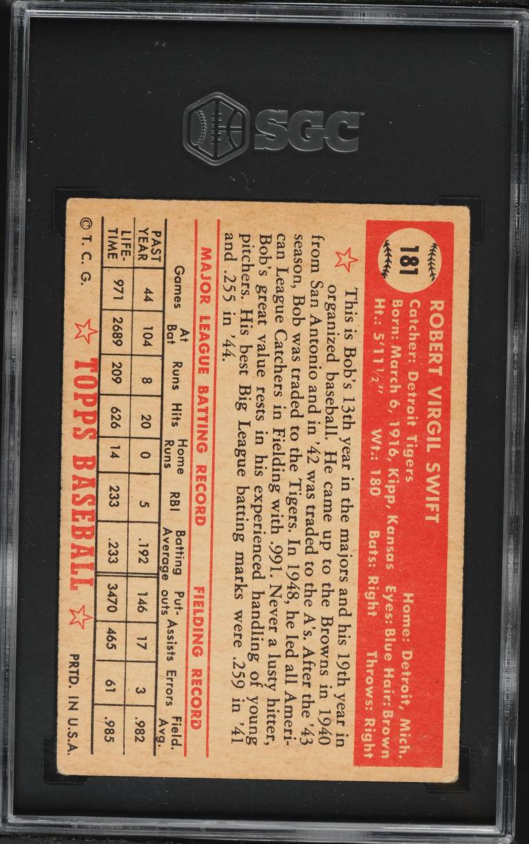 1952 Topps Bob Swift #181 SGC 5 EX