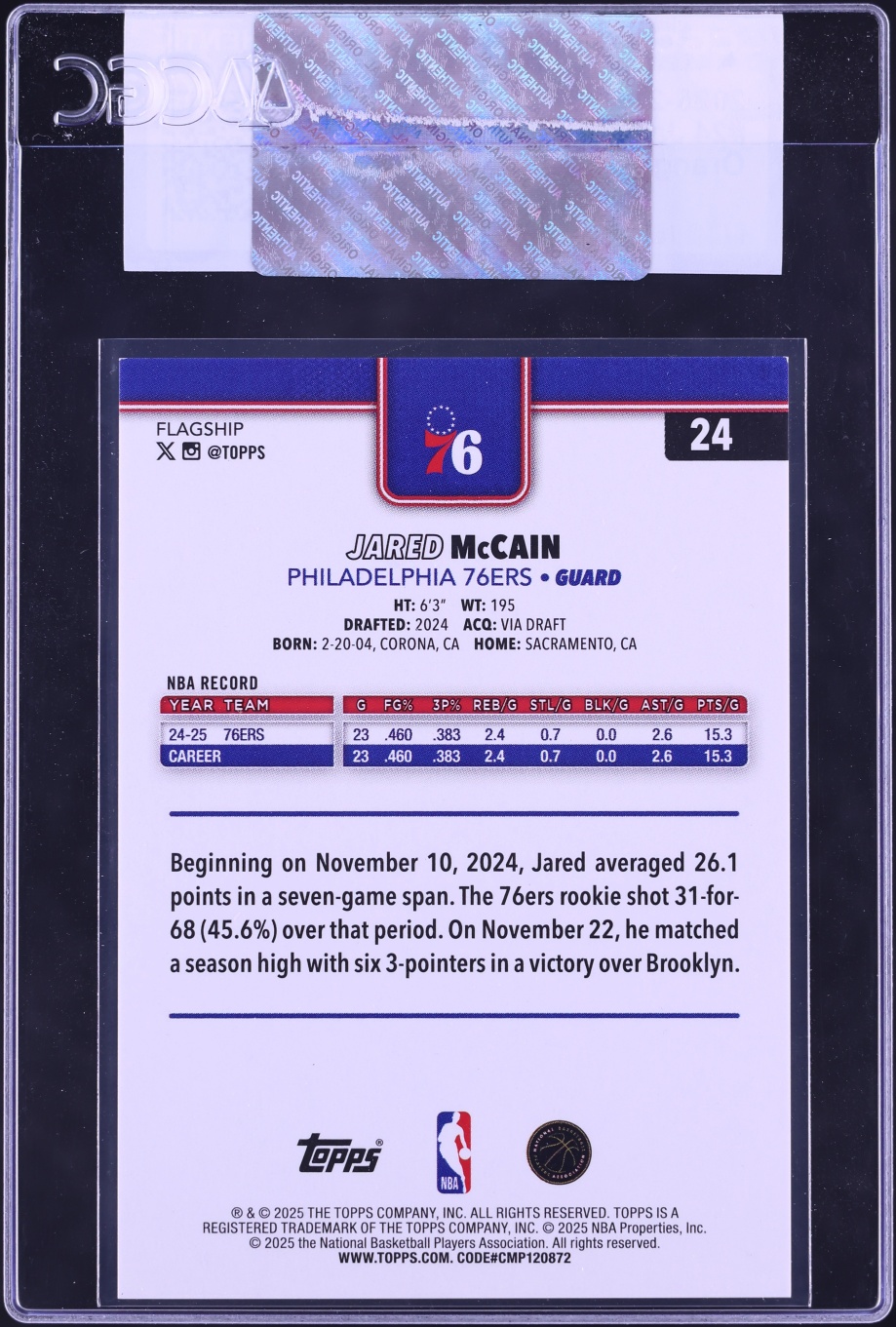 2025 Topps Orange Rainbow Foil Jared McCain /25 #24 CGC AUTH