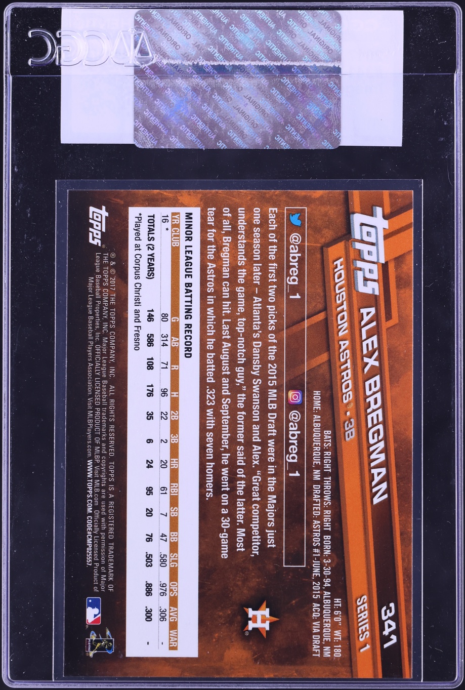 2017 Topps Update Variation Alex Bregman ROOKIE #341 CGC AUTH