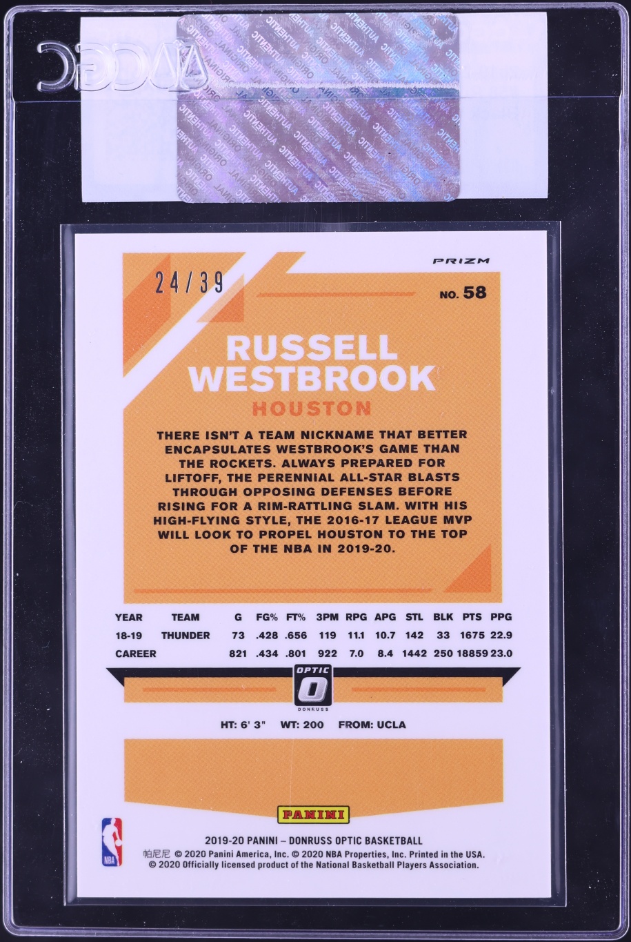2019 Donruss Optic Black Velocity Russell Westbrook /39 #58 CGC AUTH
