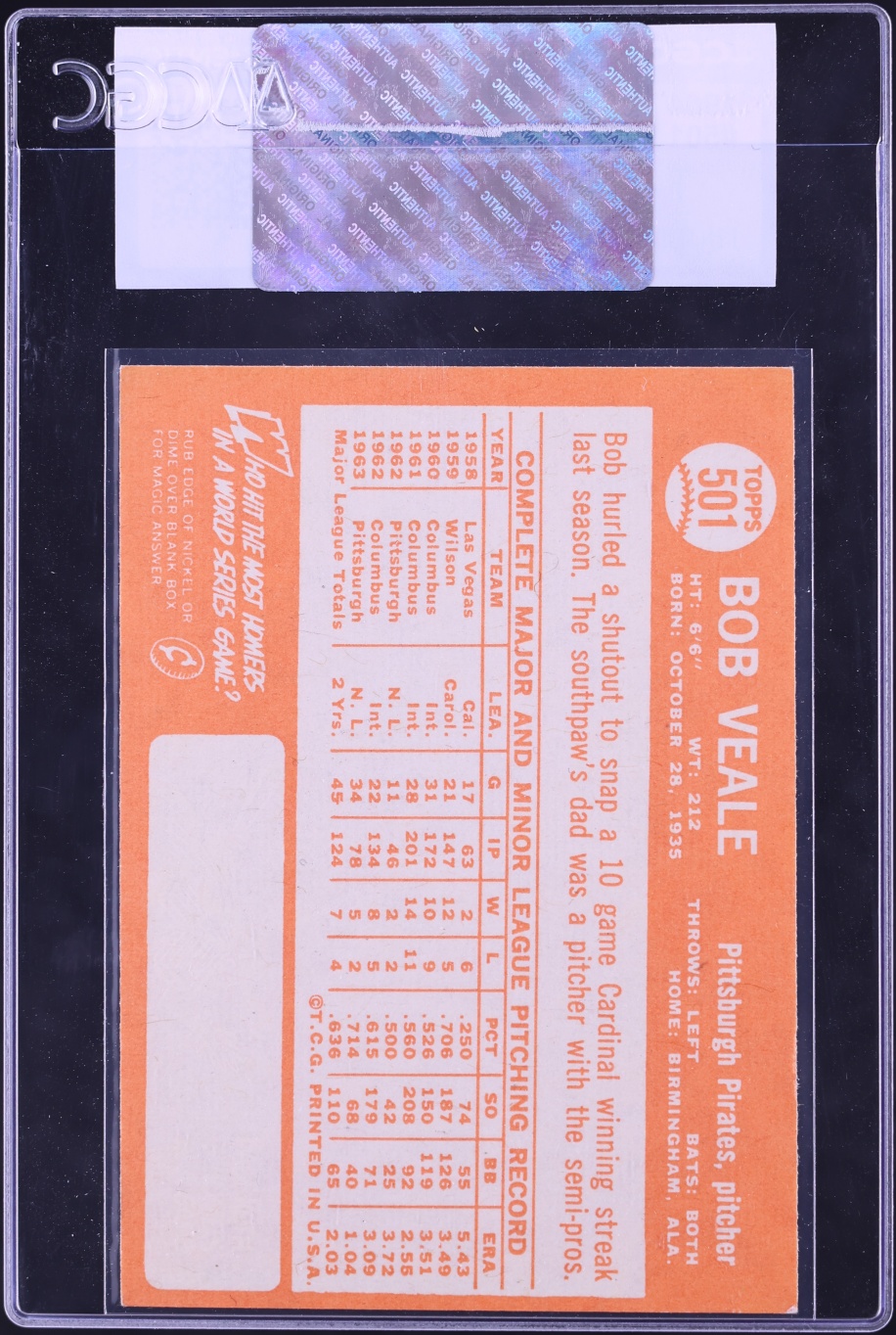 1964 Topps Bob Veale #501 CGC AUTH