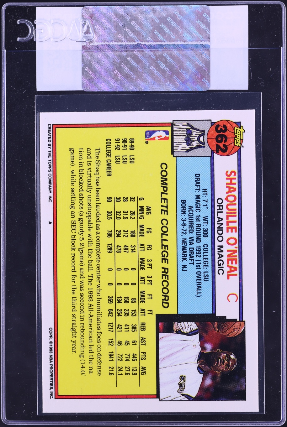1992 Topps Basketball Shaquille O'Neal ROOKIE #362 CGC AUTH