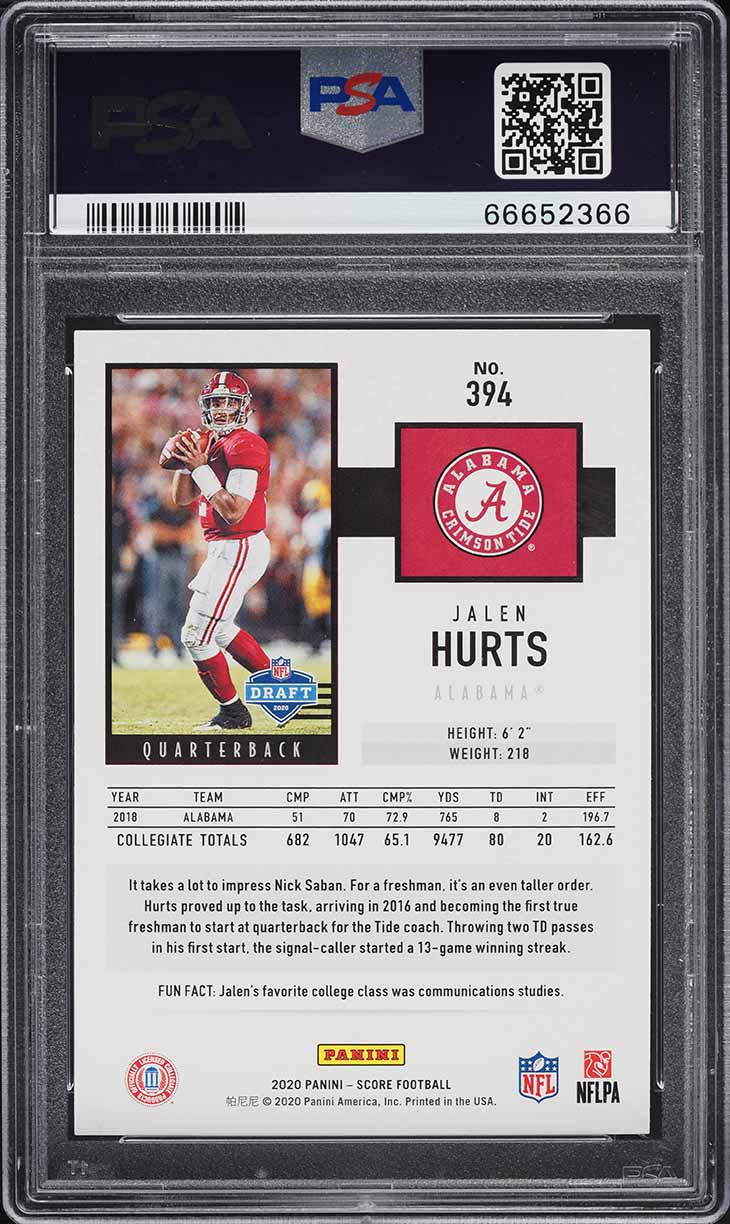 2020 Score Football Jalen Hurts ROOKIE #394 PSA 10 GEM MINT