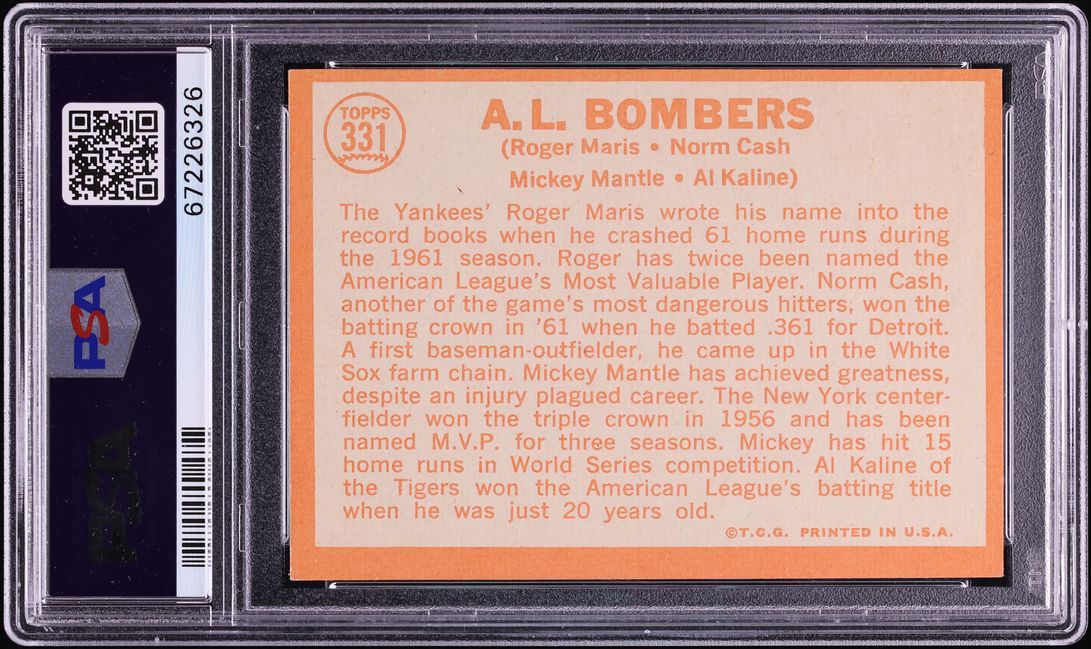 1964 Topps Mickey Mantle Roger Maris Al Kaline A.L. BOMBERS #331 PSA 7 NRMT