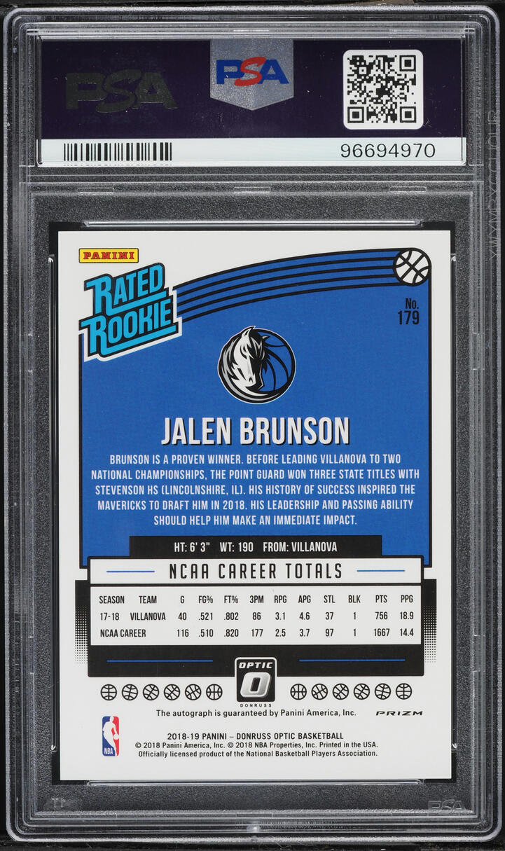 2018 Donruss Optic Fast Break Prizm Jalen Brunson ROOKIE AUTO #179 PSA 10 GEM MINT
